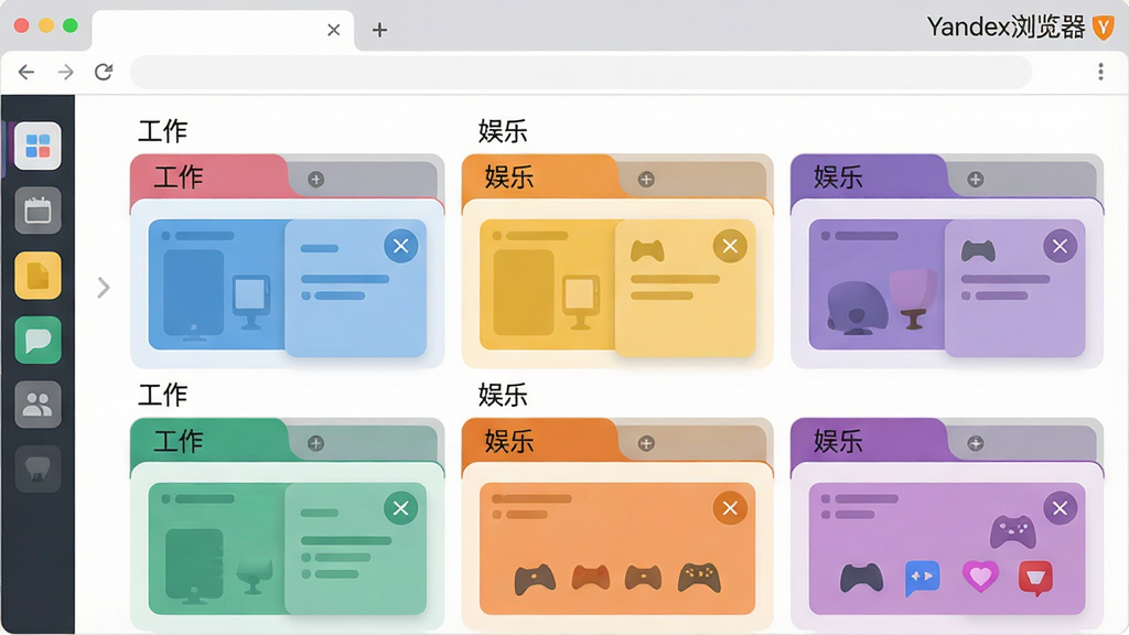 主体:浏览器界面中显示多个彩色标签页分组,每个分组上方有分类名称,如“工作”、“娱乐”;布局:标签页排列成两排,界面左侧有垂直标签栏;排版:每个标签页缩略图清晰可见,颜色区分明显;风格:扁平化设计,色彩柔和;细节:标签页上有小叉号按钮,界面右上角有“Yandex浏览器”字样;画质:高清,干净无多余元素。