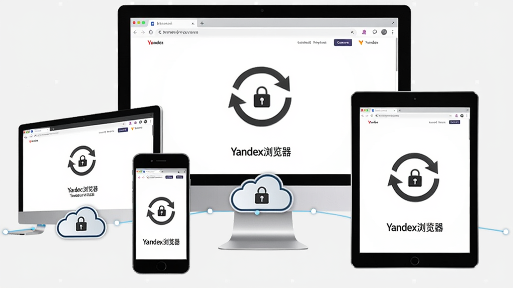 主体:一台台式电脑、一部手机和一台平板呈弧形排列,屏幕上都显示Yandex浏览器界面,且界面中有一个旋转的同步箭头;布局:三台设备等距排列,背景为浅灰色;排版:设备大小相近,中间有云朵图标连接;风格:简约科技风,线条流畅;细节:每台设备屏幕下方有“Yandex浏览器”标识,云朵上有锁型图案;画质:清晰,干净无多余元素。