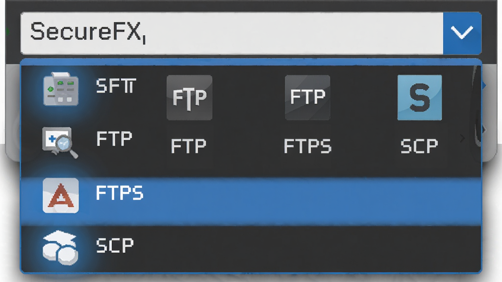 SecureFX 协议选择菜单特写,主体为下拉列表展开状态,展示SFTP、FTP、FTPS、SCP等图标,布局集中,排版有序,风格扁平化,细节高亮显示当前选中协议,画质清晰,干净,无多余元素