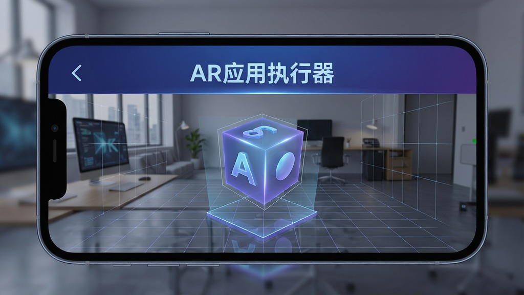 AR应用执行器软件界面预览,主体为手机屏幕中显示立体虚拟物体与现实场景融合的画面,布局居中,包含“AR应用执行器”文字标题,风格科技感蓝紫色调,细节包含光影反射与空间网格,画质4K清晰,干净无多余元素