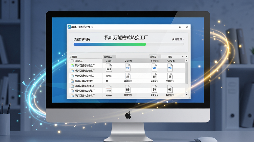 一幅电脑屏幕显示“枫叶万能格式转换工厂”正在快速转换多个文件的示意图,屏幕上有进度条和文件列表,周围有光效点缀,主体为电脑和软件界面,布局居中,排版简洁,风格现代,细节清晰,画质干净,无多余元素。