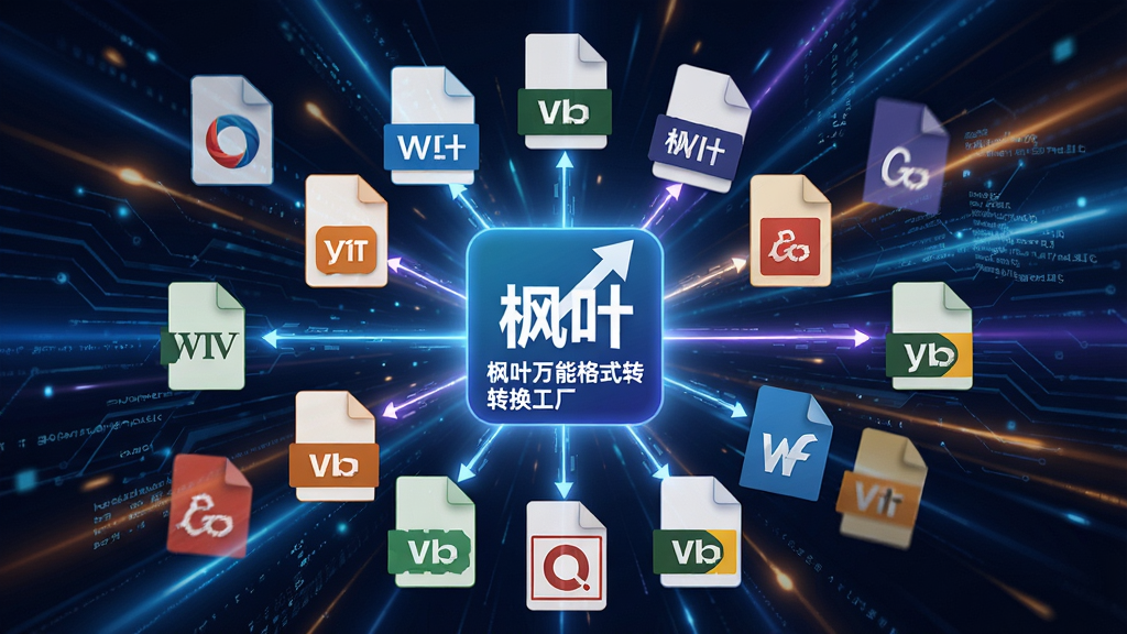 一张展示多种文件格式图标汇聚到中心“枫叶万能格式转换工厂”图标的创意图片,背景为动态的科技感光效,布局呈现放射状,排版富有张力,风格抽象,细节包含各格式的专属Logo,画质细腻,干净无多余元素。