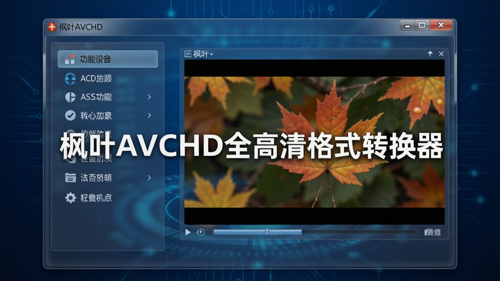 画面中央展示枫叶AVCHD全高清格式转换器软件主界面,界面简洁明亮,左侧为功能列表,右侧为视频预览窗口,背景为深蓝色科技感渐变,界面窗口半透明毛玻璃效果,主体突出软件名称“枫叶AVCHD全高清格式转换器”字样,排版规整,风格现代,细节丰富,画质清晰干净,无多余元素