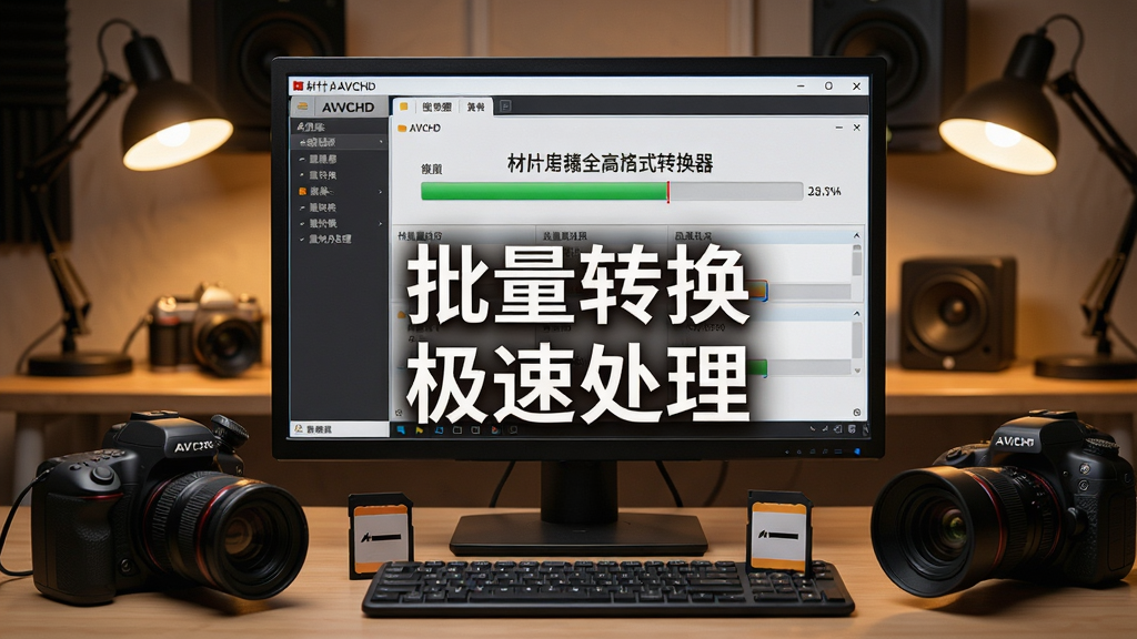 电脑屏幕前摆放多部摄像机与存储卡,屏幕上显示枫叶AVCHD全高清格式转换器批量处理进度条,多任务并行处理界面,背景为工作室环境,暖色调灯光,主体为软件界面特写,突出“批量转换”与“极速处理”文字,布局紧凑,风格写实,细节丰富,画质清晰,无多余元素