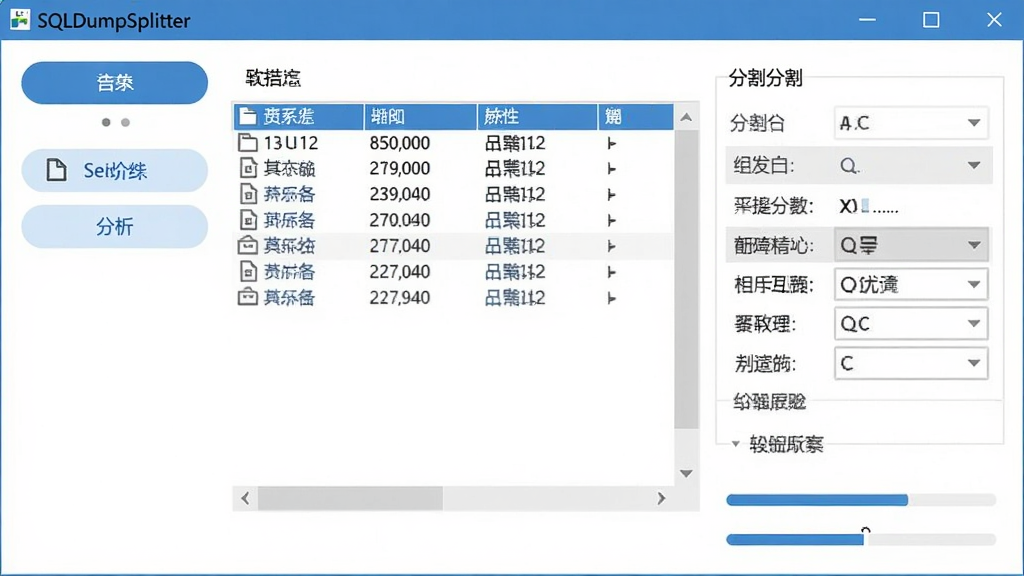 SQLDumpSplitter软件界面截图,主体为软件主窗口,展示文件选择按钮和分割选项面板,布局简洁清晰,采用现代扁平化设计风格,以蓝白为主色调,细节处显示文件列表和进度条,画质高清干净,无多余元素