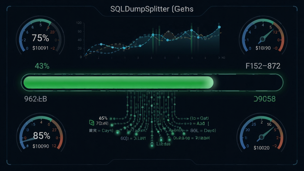 SQLDumpSplitter分割进度条运行画面,主体为绿色进度条和文件数据流,背景为简洁的仪表盘风格,布局清晰,风格科技感,细节显示百分比和文件大小,画质干净,无多余元素
