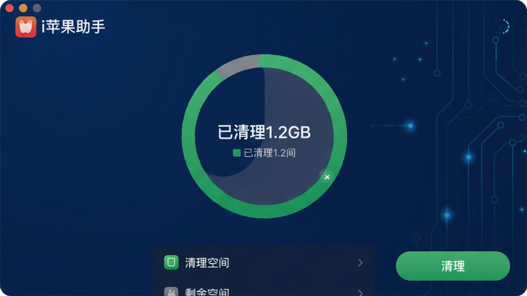 主体:i苹果助手系统清理功能界面,显示设备存储空间占比图,绿色表示已清理空间,灰色表示剩余空间。布局:中央为圆形进度环,下方为清理选项列表。排版:进度环上显示“已清理1.2GB”字样。风格:简洁科技感,深蓝色背景。细节:界面左上角有“i苹果助手”Logo,清理按钮为绿色。画质:高清,干净,无多余元素。