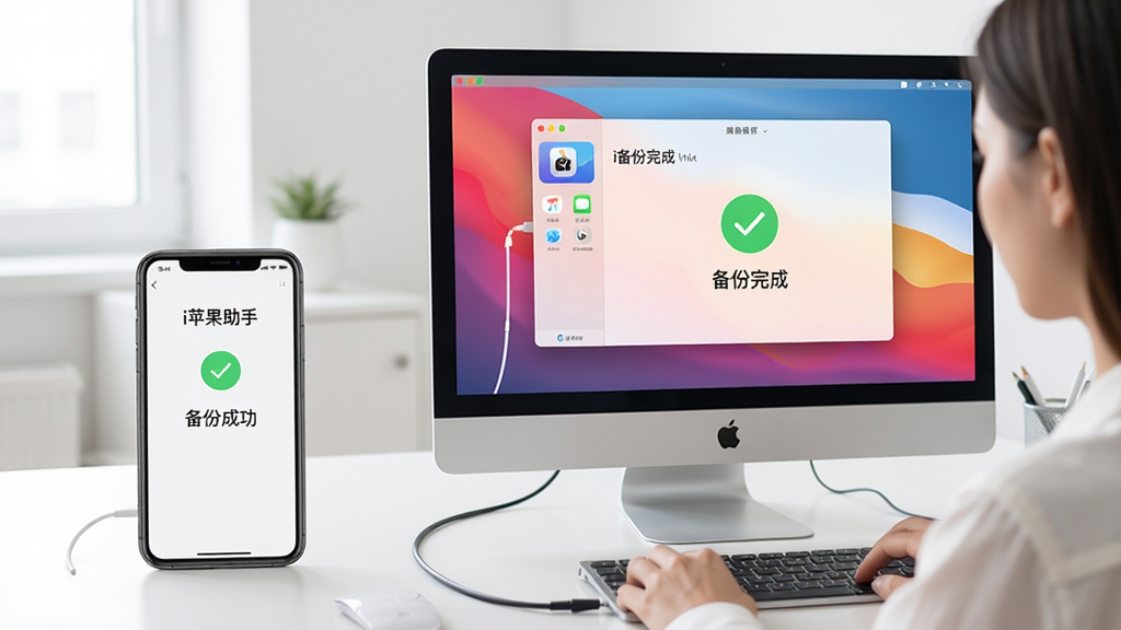 主体:用户正在使用i苹果助手进行数据备份,电脑屏幕显示备份完成提示,手机界面显示“备份成功”字样。布局:电脑和手机并排,背景为简洁的办公桌。排版:屏幕中显示“备份完成”绿色勾选图标。风格:写实,明亮。细节:手机屏幕上出现“i苹果助手”字样,电脑屏幕显示软件界面。画质:高清,干净,无多余元素。
