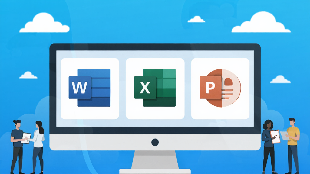 一幅展示Office 365套件核心应用的现代办公场景图,主体为电脑屏幕上的Word、Excel、PowerPoint图标,布局采用平铺式排列,背景为简洁明亮的渐变蓝色,风格为扁平化插画,细节包含云朵和协作人物剪影,画质高清,干净,无多余元素