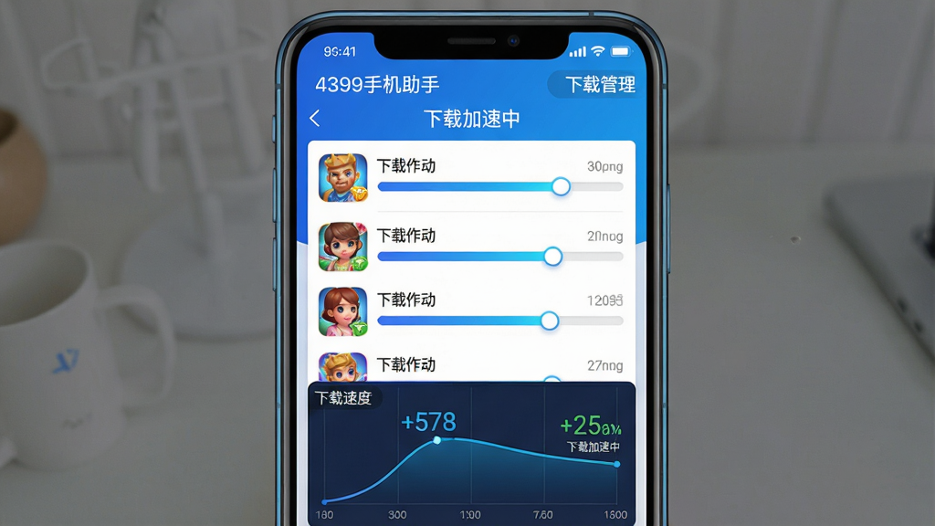 主体:手机屏幕显示4399手机助手的下载管理页面,有多个游戏正在同时下载,进度条快速前进。布局:手机居中,界面下方有下载速度曲线图。排版:信息直观,进度条和速度数字醒目。风格:科技感,蓝色调为主。细节:界面标注“4399手机助手”和“下载加速中”字样。画质:高清,干净无多余元素。