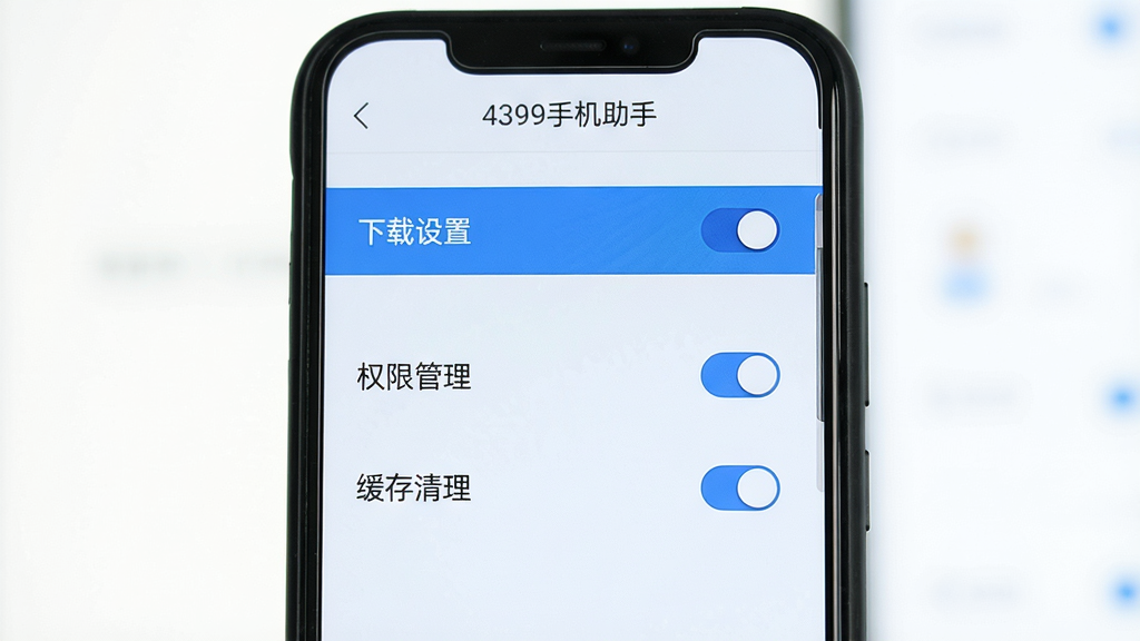 主体:手机屏幕显示4399手机助手的设置页面,包含“下载设置”“权限管理”“缓存清理”等选项。布局:手机居中,设置列表清晰,有开关按钮。排版:简洁有序。风格:浅色背景,蓝色高亮。细节:屏幕上方有“4399手机助手”字样。画质:高清,干净无多余元素。