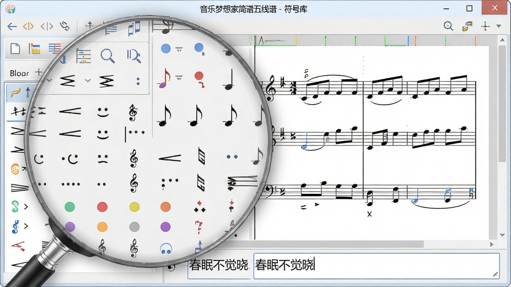 主体:软件编辑界面放大图,展示工具栏中丰富的音乐符号库,包括各种力度记号、表情记号图标,以及歌词编辑窗口。布局:左侧为符号列表,右侧为乐谱编辑区域,底部有歌词输入框。排版:符号以彩色小图标排列,乐谱区域清晰显示正在编辑的小节。风格:写实界面截图风格,色调柔和。细节:窗口标题栏显示“音乐梦想家简谱五线谱 - 符号库”,歌词输入框内有“春眠不觉晓”文字。画质:高清,干净,无多余元素。