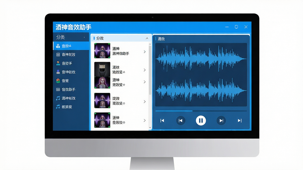 主体:酒神音效助手软件主界面展示,电脑屏幕中显示音效列表与播放控制面板。布局:居中构图,屏幕占据画面主体,周围留白干净。排版:界面清晰,左侧分类栏,右侧音效波形图。风格:现代扁平化,色彩明亮,蓝色主调。细节:屏幕中标注“酒神音效助手”字样,音效名称清晰可读。画质:高清,干净,无多余元素。