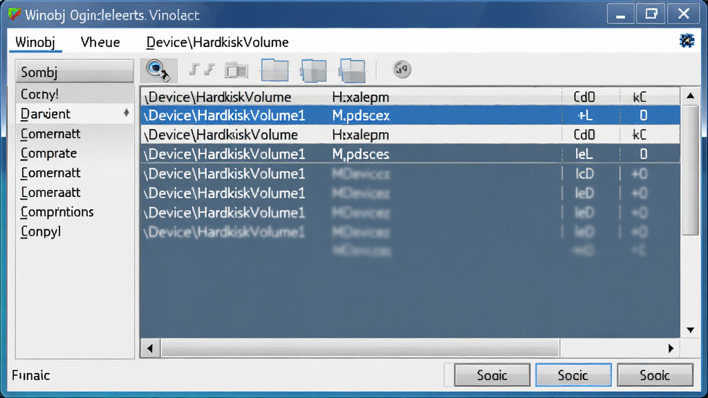 Winobj 对象属性查看窗口,突出显示符号链接目标路径,例如 \Device\HarddiskVolume1,界面细节丰富,文字清晰,配色专业,画质干净,无多余元素