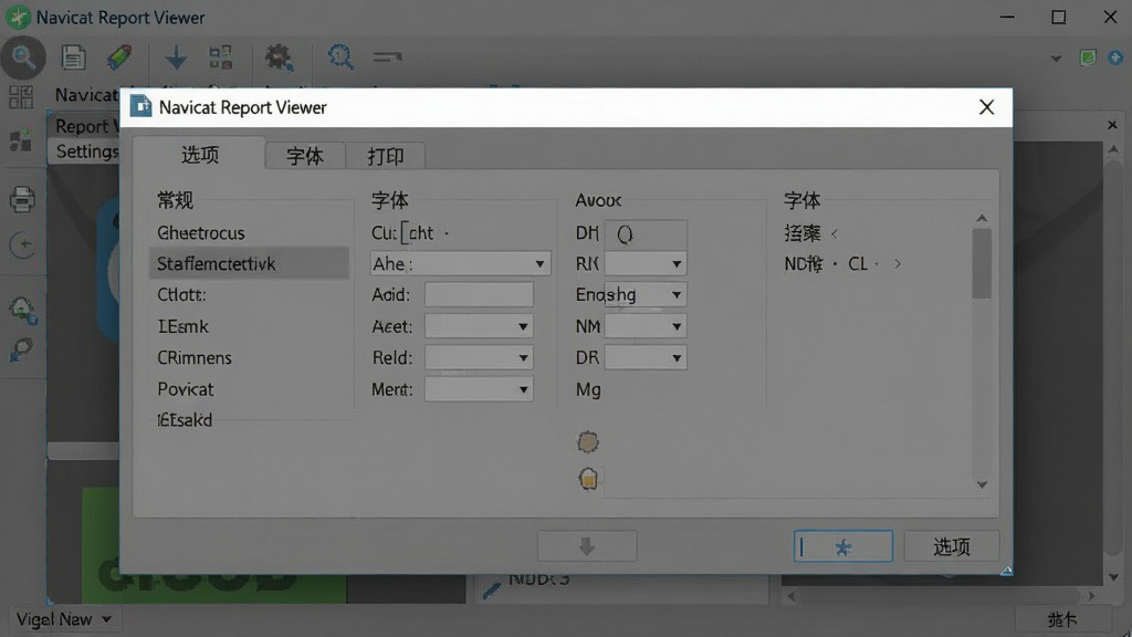 一张“Navicat Report Viewer”软件设置界面的截图,画面显示“选项”对话框,包含“常规”、“字体”、“打印”等标签页,界面整洁,风格简约,画质干净,无多余元素