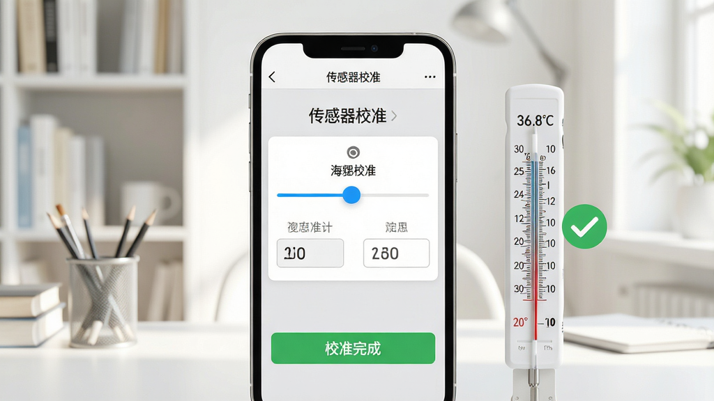 主体:海狸温度计应用的使用指南界面,手机屏幕显示“传感器校准”设置页面,背景为明亮的书房。布局:手机居中,屏幕内容清晰可读,旁边放置一支标准水银温度计作为参照。排版:校准页面有滑动条和数值输入框,提示文字清晰。风格:简约、实用,色彩以白灰为主。细节:手机屏幕上有“校准完成”提示,标准温度计显示36.8℃,旁边有绿色对勾图标。画质:高清,干净,无多余元素。