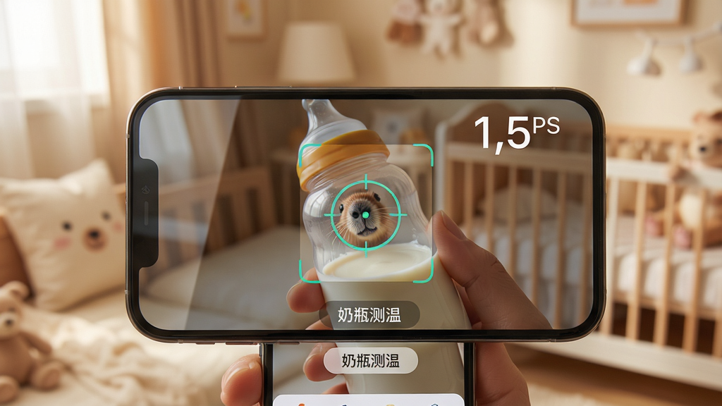 主体:海狸温度计应用界面展示物体测温功能,用户手持手机对准一个奶瓶,屏幕显示奶瓶表面温度数值,背景为温馨的婴儿房。布局:手机与奶瓶位于画面中心,屏幕中的测温框对准奶瓶中部,温度数值显示在屏幕右上角。排版:屏幕中有一个圆形测温准星,数值清晰可见,界面下方有“奶瓶测温”模式选项。风格:柔和、温暖、母婴风格,色彩以暖色调为主。细节:奶瓶中有半瓶奶液,手机屏幕有轻微反光,测温准星带有辅助线。画质:高清,干净,无多余元素。