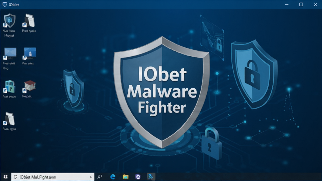 软件主界面展示,深蓝色调,中央显示“IObit Malware Fighter”字样,盾牌图标醒目,背景为电脑桌面与网络安全元素,布局简洁,风格科技感,画质清晰干净,无多余元素