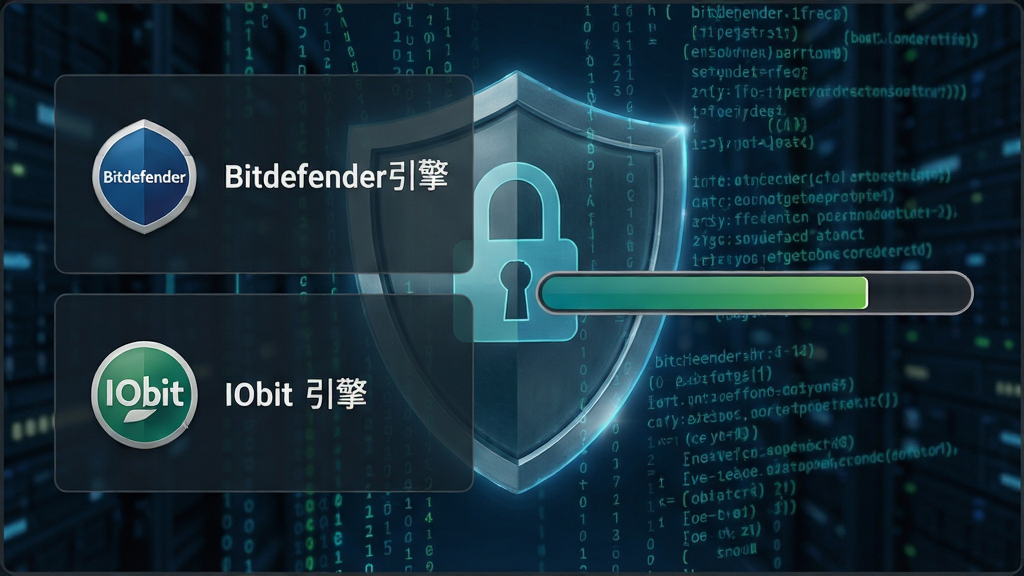 双引擎扫描界面,左侧显示“Bitdefender引擎”与“IObit引擎”图标,右侧为扫描进度条,背景为防护盾与代码流,风格写实,画质清晰,无多余元素