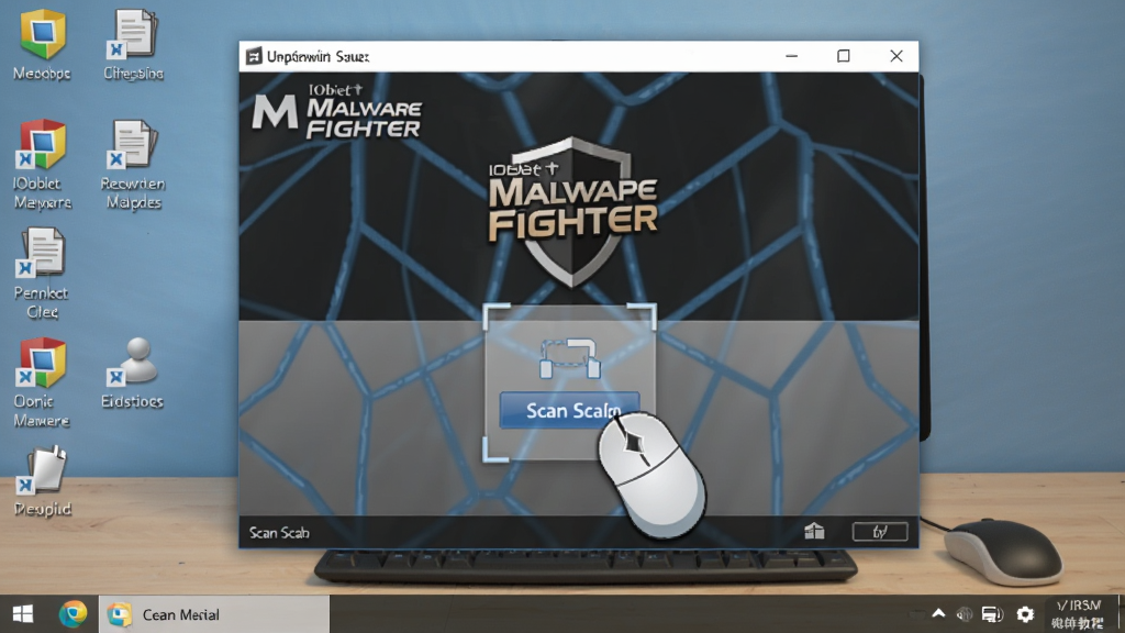 用户操作教程截图,显示鼠标点击扫描按钮,界面为IObit Malware Fighter主窗口,背景为电脑桌面,风格写实,画质清晰,无多余元素