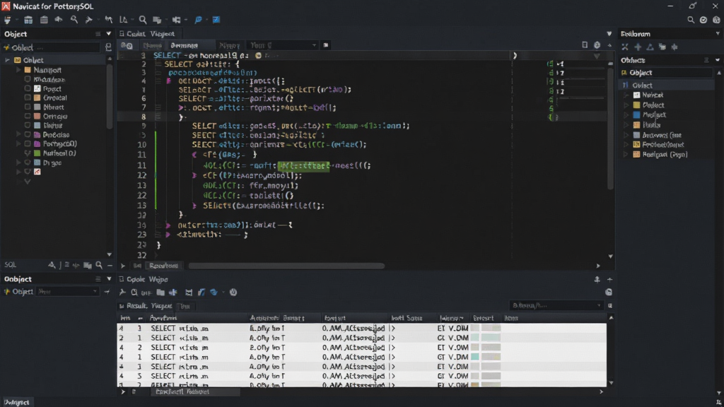 主体:Navicat for PostgreSQL 的查询编辑界面,展示 SQL 代码编辑区域。布局:中央大块代码编辑区,下方有结果输出窗口,左右两侧有对象列表和工具面板。排版:深色代码编辑器配色,代码高亮显示,结果以表格形式展示。风格:专业、技术感、界面清晰。细节:SQL 语句为 SELECT 查询,结果窗口显示多行数据。画质:高清,干净,无多余元素。