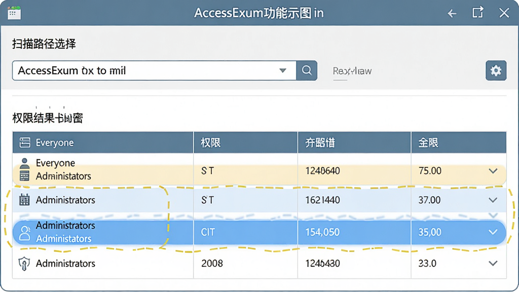 һ��AccessEnum����ʾ��ͼ������Ϊ�������н��棬����Ϊ���½ṹ���Ϸ���ɨ��·��ѡ���·���Ȩ�޽���б������Ϊ��ƽ����ƣ�ϸ�ڸ�����ʾ��Everyone���͡�Administrators��Ȩ���У����������޶���Ԫ��