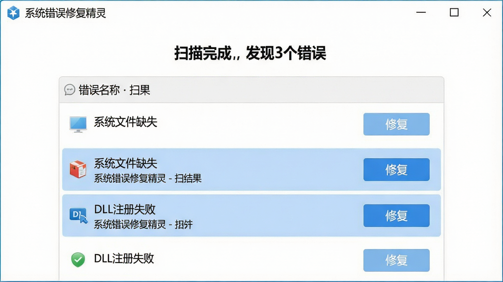 主体:系统错误修复精灵软件界面显示“扫描完成,发现3个错误”的提示,布局:界面中央显示扫描结果列表,包含错误名称与修复按钮,风格:简洁明快,细节:列表项高亮显示“系统文件缺失”和“DLL注册失败”,文字标明“系统错误修复精灵 - 扫描结果”,画质:高清,干净,无多余元素