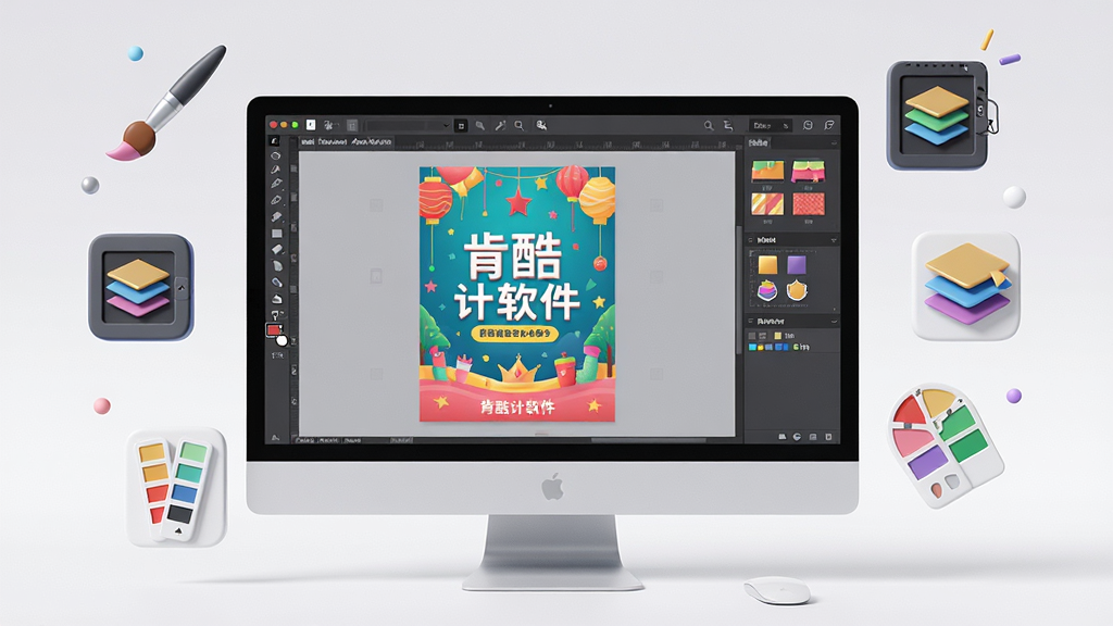 画面主体为肯酷设计软件的主界面,展示在电脑屏幕上,界面布局清晰,左侧工具栏、中间画布、右侧素材面板。整体风格现代简约,画布中有一张精美的节日海报设计,色彩明亮。排版采用三分法,电脑位于画面中央偏左,周围搭配一些漂浮的图标元素如画笔、图层、色板。风格为3D渲染,细节丰富,画质高清干净,无多余元素。图片中显示文字“肯酷设计软件”。