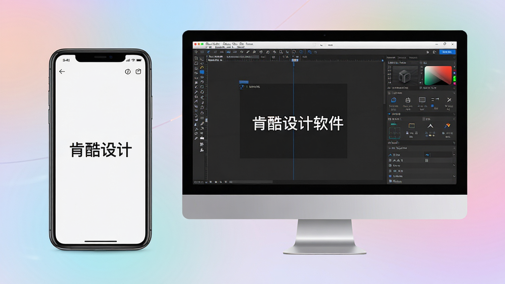 画面主体为手机与电脑并排,屏幕上同时显示肯酷设计软件的编辑界面,手机端界面简洁,电脑端界面功能全面。布局为左右对称,风格为现代科技感,背景有柔和的渐变光效。细节丰富,画质干净,无多余元素。图片中显示文字“肯酷设计软件”。