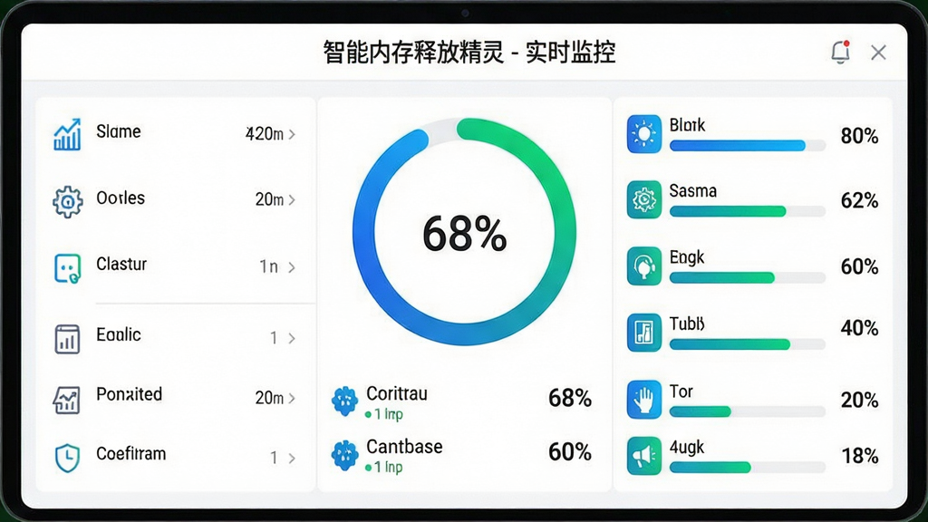 主体:智能内存释放精灵的实时监控面板,中央显示环形内存占用率图表,数值为“68%”,下方列出占用内存最高的三个进程名称及内存数值。布局:环形图居中,进程列表以横向条形图排列,顶部为标题“智能内存释放精灵 - 实时监控”。风格:简洁明亮,白色背景搭配蓝色与绿色数据元素,整体清爽专业。细节:环形图带渐变色彩过渡,进程列表配有对应图标,数字标注清晰。画质:高分辨率,界面干净无多余装饰。