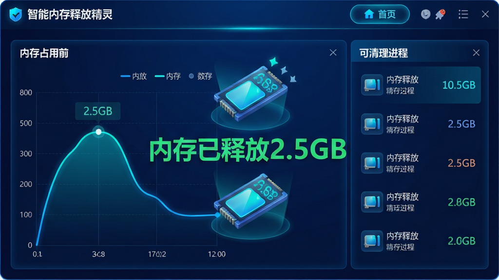 主体:智能内存释放精灵软件主界面,展示内存清理前后的对比数据图表,界面中央显示“内存已释放2.5GB”的醒目绿色数字,左侧为内存占用率曲线图,右侧为可清理进程列表。布局:左右分栏式设计,顶部为软件名称“智能内存释放精灵”与导航按钮,整体排版清晰有序。风格:现代科技感,深蓝渐变背景搭配霓虹蓝与青色高光,按钮边缘带有发光效果。细节:内存条图标以动态填充动画展示释放过程,数据字体采用无衬线体,清晰易读。画质:高清渲染,光影通透,干净无多余元素。