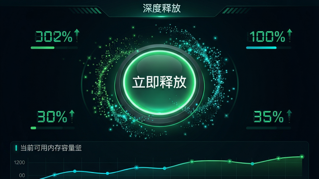 主体:智能内存释放精灵的“深度释放”功能操作界面,中央为一个大大的圆形释放按钮,按钮上写着“立即释放”,周围环绕着旋转的粒子效果表示内存数据流动。布局:按钮居中,四周散布着内存优化进度百分比数字,底部为当前可用内存容量变化曲线。风格:动态科技风,深色背景配亮绿色与青色光效,按钮带有发光边缘。细节:粒子效果细腻,百分比数字跳动显示,曲线图实时更新。画质:高帧率渲染,画面干净无多余元素。