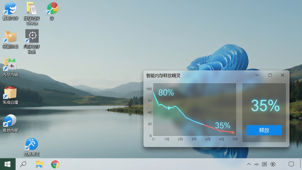 主体:智能内存释放精灵在Windows桌面上运行的实景,桌面背景为简约风景图,软件窗口半透明悬浮,显示内存占用率从80%下降到35%的动态效果。布局:软件窗口位于屏幕右下方,大小为中等,左侧为图表,右侧为“释放”按钮。风格:写实风格,桌面图标清晰,窗口带有磨砂玻璃质感。细节:内存数字变化带光效,窗口阴影自然。画质:高清,干净无多余元素。