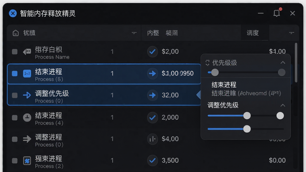 主体:智能内存释放精灵的进程管理界面,显示一个进程列表,其中一个进程被选中并弹出操作菜单,菜单包含“结束进程”“调整优先级”选项。布局:列表占主导,选中行背景色高亮,菜单浮层显示在右侧。风格:简洁现代,深色主题,选中行以蓝色边框高亮。细节:进程名称旁显示内存占用数值,优先级选项以滑动条形式呈现。画质:高清细节,界面干净无多余元素。