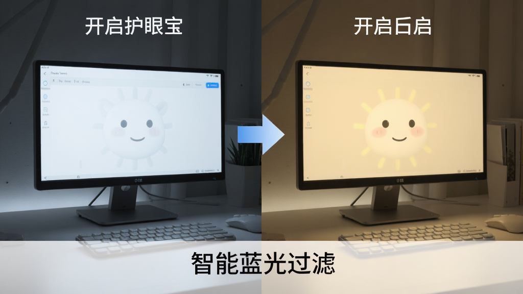 护眼宝软件功能预览图,画面分为左右两部分,左边是未开启护眼宝时屏幕刺眼的冷白光效果,右边是开启后屏幕呈现舒适的暖黄色调,中间用箭头符号连接,下方有“智能蓝光过滤”的文字标注,布局清晰,风格写实,画质干净