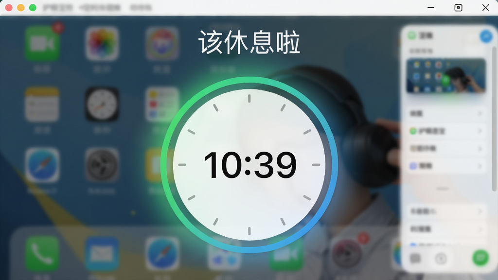 护眼宝软件的定时休息提醒功能界面截图,画面中央是一个圆形的倒计时表盘,表盘周围有绿色和蓝色的渐变光晕,顶部显示“该休息啦”四个字,背景采用模糊的壁纸效果,UI设计现代简洁,细节丰富,高画质,无多余元素