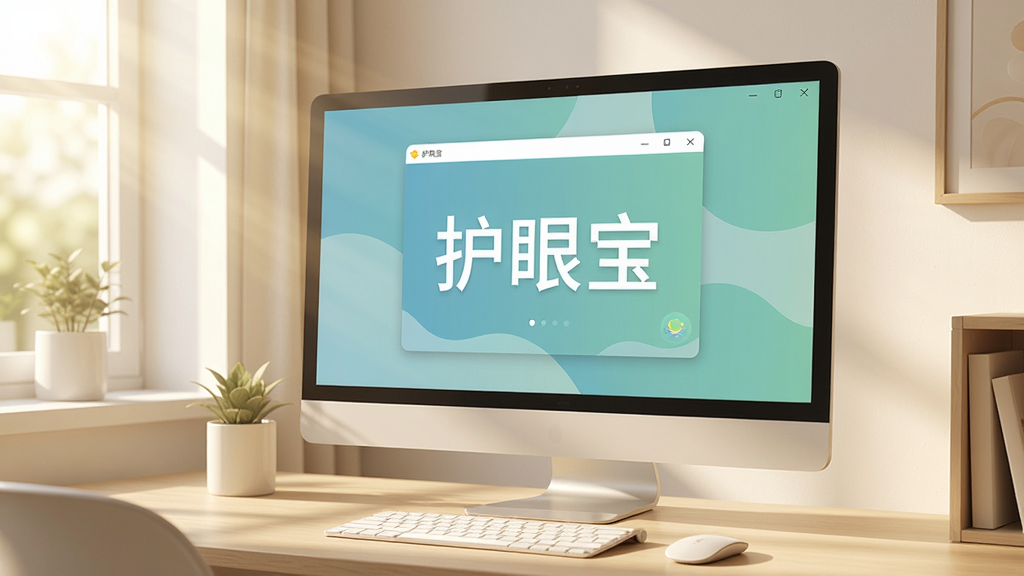 一张现代简约风格的电脑桌面场景,屏幕上显示着护眼宝软件的主界面,界面以柔和的蓝绿色调为主,背景是温馨的室内办公环境,阳光透过窗户洒在桌面上,画面清晰干净,突出软件“护眼宝”三个字,整体风格明亮、舒适、无多余元素,高画质