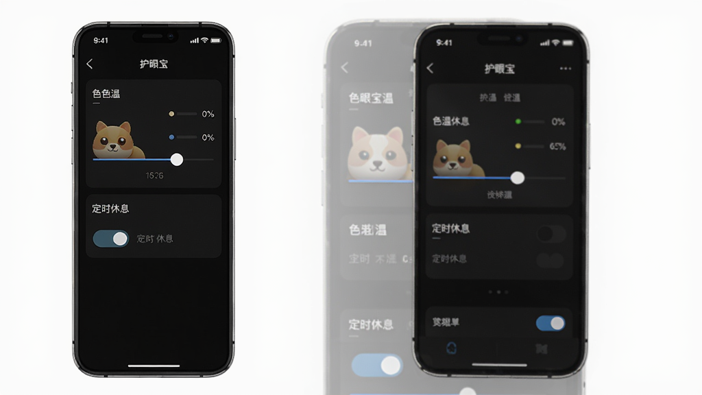 护眼宝软件在手机端运行的效果图,手机屏幕显示着护眼宝APP的主界面,背景是深色模式下的设置页面,画面中可以看到色温调节滑块和定时休息开关,布局以竖向为主,风格简洁,细节清晰,画质干净,无多余元素