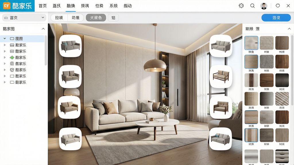 主体:酷家乐软件界面,展示一个现代简约客厅的3D设计效果图,中央是软件的操作面板,周围悬浮着家具模型图标;布局:上方是菜单栏和渲染按钮,左侧是户型图层列表,右侧是材质贴图库,画面主体为明亮通透的客厅空间;排版:界面层次分明,功能图标整齐排列,设计图占据画面中心,光线自然;风格:科技感与家居温馨感结合,界面干净清爽,色彩柔和;细节:画面中可以看到“酷家乐”logo位于左上角,设计图墙面有细腻的纹理,沙发、茶几、吊灯模型精致逼真;画质:8k超高清,干净,无多余元素。