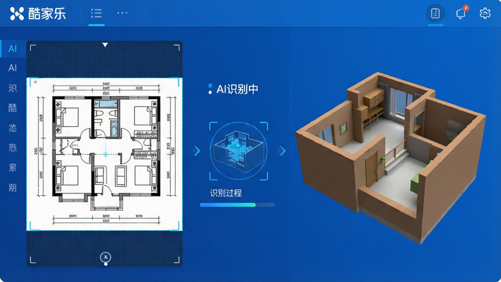 主体:酷家乐软件界面,一张上传的纸质户型图照片正在被AI识别,右侧逐渐生成3D户型模型;布局:左侧是上传图片预览,中间是识别过程动画,右侧是生成的3D模型;排版:界面简洁,识别进度条清晰,提示文字“AI识别中”;风格:科技感十足,蓝色调为主;细节:画面中“酷家乐”标识在左上角,户型图线条清晰,3D模型墙体厚度可见;画质:8k超高清,干净,无多余元素。