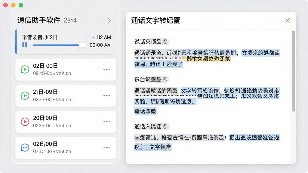 主体:通信助手软件的通话录音与文字转写功能界面,左侧为录音文件列表,右侧为对应的文字纪要内容。布局:左右分栏设计,左侧列表纵向排列,右侧文本区域可滚动。排版:录音文件以时间命名,转写文字分段清晰,关键词高亮显示。风格:商务简洁风,背景为浅灰色,文字区域为白色卡片式设计。细节:录音播放进度条与时间戳,转写文本中带有说话人标识。画质:高清界面截图,文字清晰锐利,UI元素对齐精准,画面干净无多余元素。