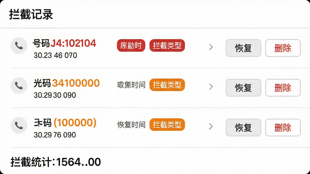主体:通信助手软件的骚扰拦截功能界面,界面上显示被拦截的来电记录列表。布局:列表布局,每条记录包含号码、拦截时间和拦截类型标签。排版:信息层级分明,号码与类型标签使用不同颜色区分。风格:简洁清晰,列表背景为白色,标签采用红色与橙色。细节:界面顶部有“拦截记录”标题,每条记录右侧有“恢复”与“删除”按钮,底部显示拦截统计数字。画质:界面截图风格,文字清晰,色彩对比度高,整体干净无多余元素。
