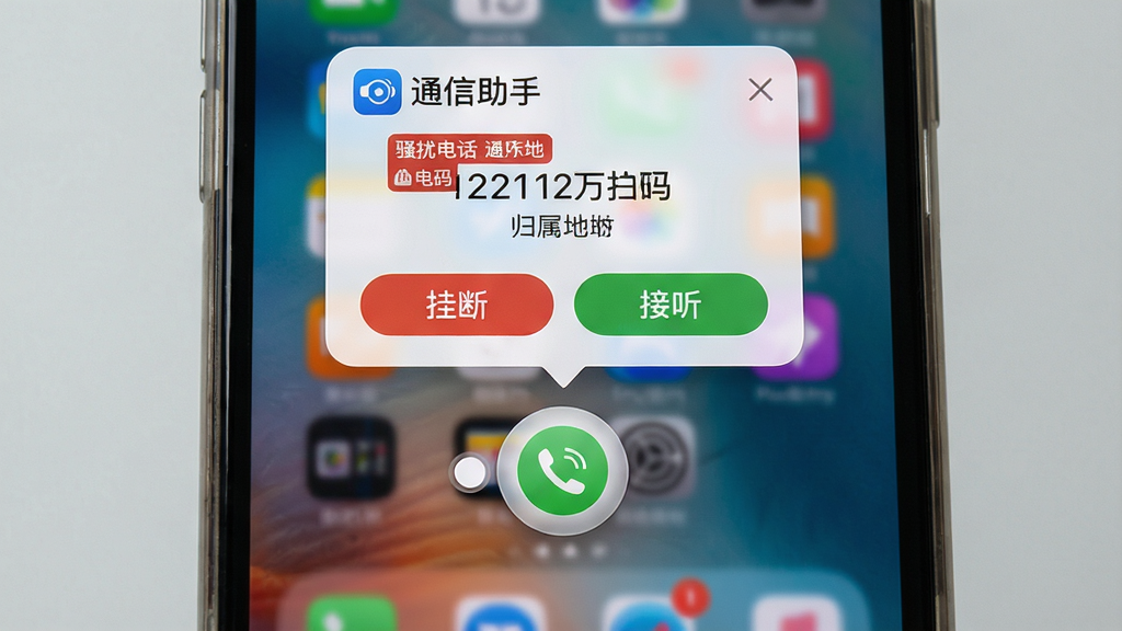 主体:通信助手软件在手机后台运行的界面截图,显示悬浮窗与来电提醒弹窗。布局:手机屏幕中央显示一个悬浮的圆形图标,上方弹出来电信息卡片。排版:悬浮球可拖动,来电卡片显示号码与归属地。风格:写实手机截图风格,背景为手机桌面壁纸,界面元素突出。细节:来电卡片上印有“通信助手”标识,显示“骚扰电话”红色标签,下方有“挂断”与“接听”按钮。画质:高清手机UI截图,光影效果自然,细节丰富,画面干净聚焦。