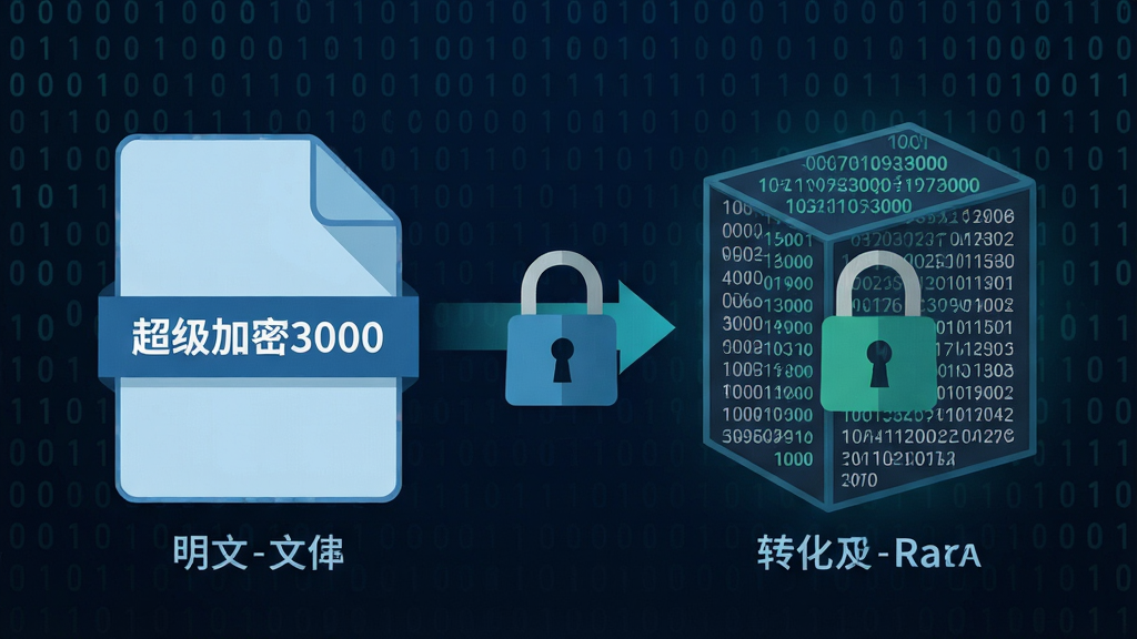主体:超级加密3000加密过程示意图,显示文件被锁住并转化为密文。布局:左侧明文文件,右侧密文数据块。排版:箭头流程指向。风格:扁平化科技风。细节:文件图标上有“超级加密3000”字样,背景有二进制数字流动。画质:高清,干净,无多余元素。