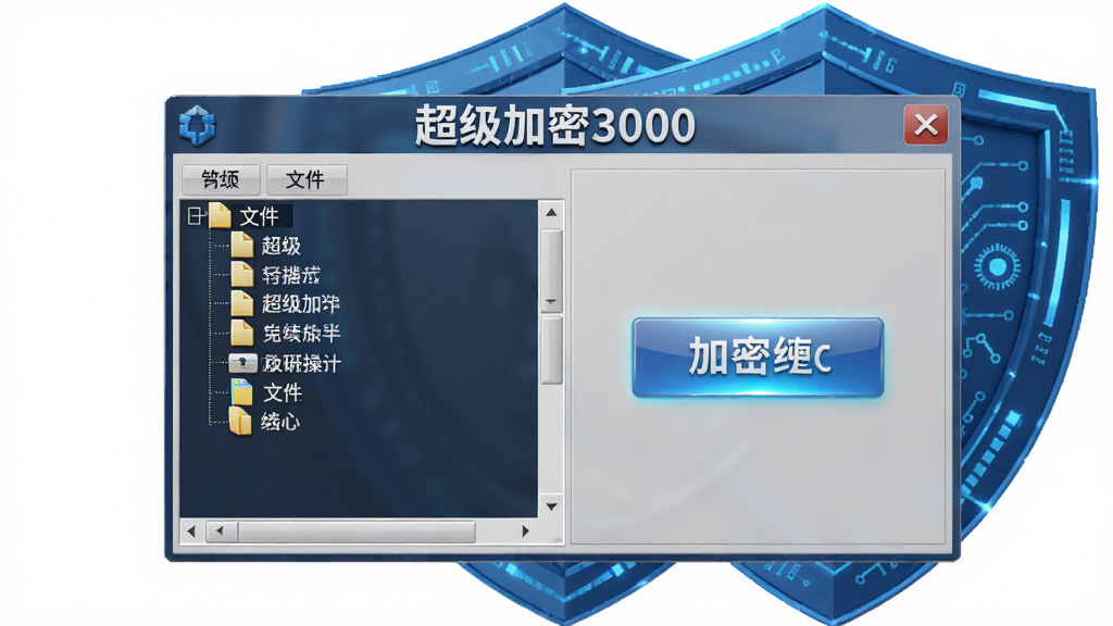 主体:超级加密3000软件主界面,展示文件加密操作窗口,背景为蓝色科技感盾牌。布局:界面居中,左侧文件树,右侧加密按钮。排版:清晰简洁,图标化。风格:写实3D渲染。细节:窗口上有“超级加密3000”字样,加密按钮发光。画质:高清,干净,无多余元素。