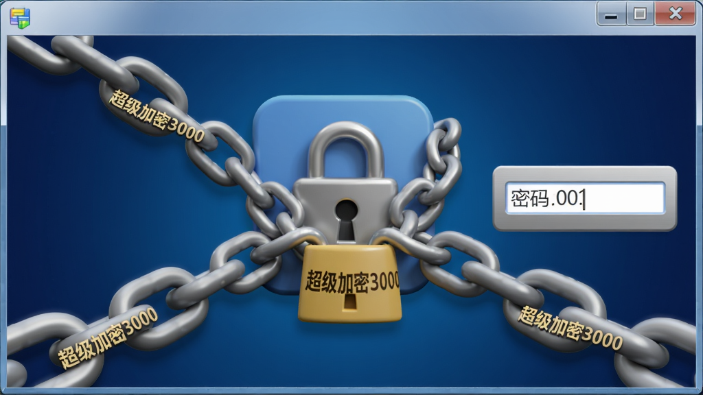 主体:超级加密3000锁定EXE程序的界面,显示一个程序图标被锁链环绕。布局:图标居中,周围有密码输入框。排版:紧凑型。风格:3D卡通渲染。细节:锁链上有“超级加密3000”字样,背景为深蓝色渐变。画质:高清,干净,无多余元素。