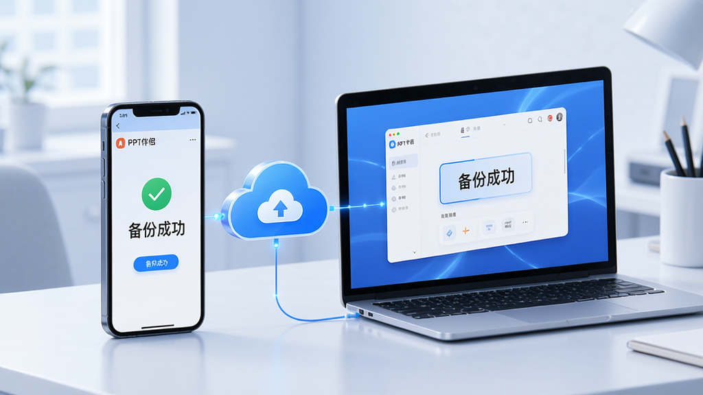 主体:手机与电脑屏幕显示PPT伴侣界面,旁边有备份云图标;布局:居中构图,设备斜放;排版:左手机右电脑,中间用云朵连接;风格:科技感,蓝色调;细节:屏幕内显示“备份成功”字样;画质:高清,干净,无多余元素