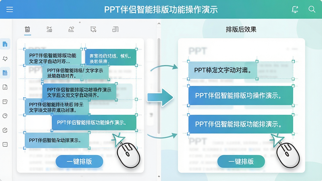 主体:PPT伴侣智能排版功能操作演示,鼠标点击按钮后文字块自动对齐;布局:左半边为原始杂乱文字,右半边为排版后效果;排版:对比式布局,中间用箭头连接;风格:清新简洁,蓝绿色调;细节:文字块边缘显示对齐辅助线,界面标注“一键排版”按钮;画质:高清,干净,无多余元素