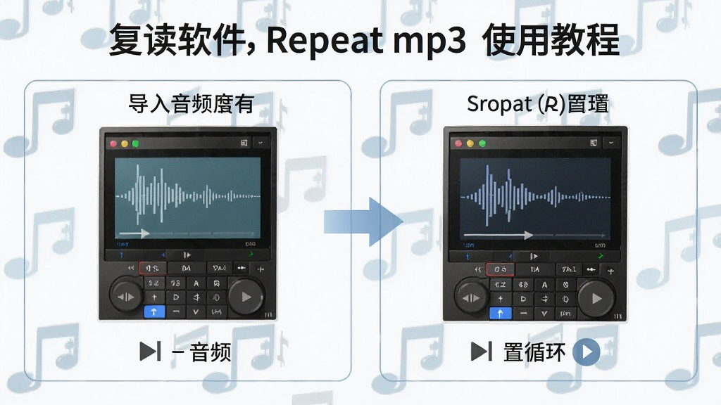 复读软件 repeat mp3 使用教程配图,展示导入音频与设置循环步骤,布局直观,风格教学,细节清晰,画质干净