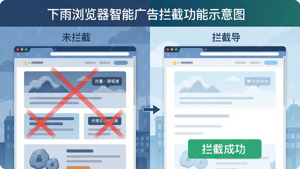 主体:下雨浏览器智能广告拦截功能示意图,布局:左侧为未拦截的广告页面,右侧为拦截后的清爽页面,排版:对比式布局,风格:现代插画风,细节:左侧页面有红色叉号标注广告区域,右侧页面干净无广告,底部有